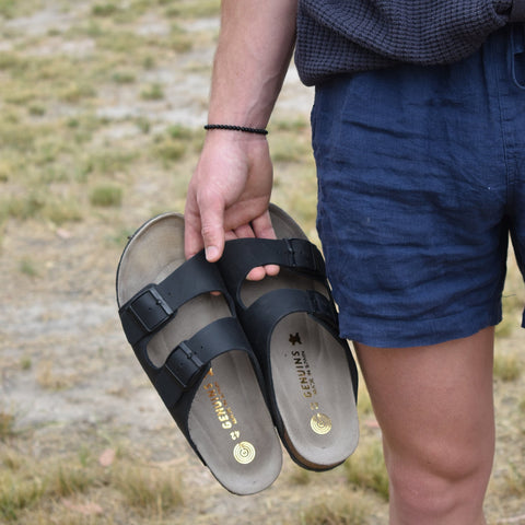 Man holding black leather sandal with double foot strap