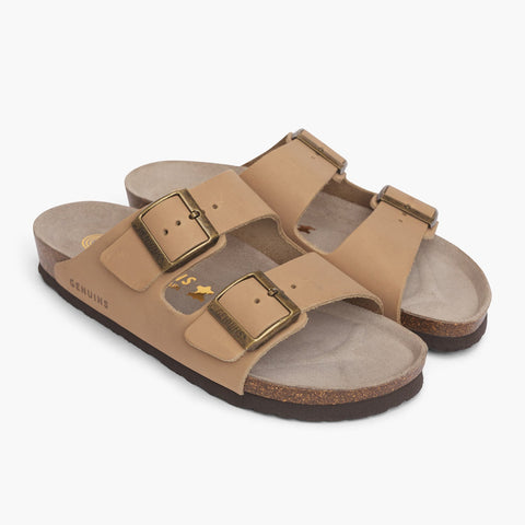 Beige leather sandals with double foot strap