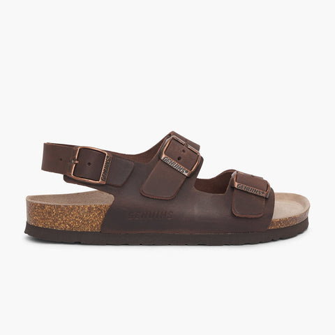 Brown leather sandal with two foot straps and ankle strap