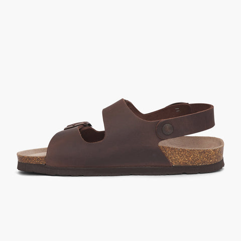 Brown leather sandal with two foot straps and ankle strap