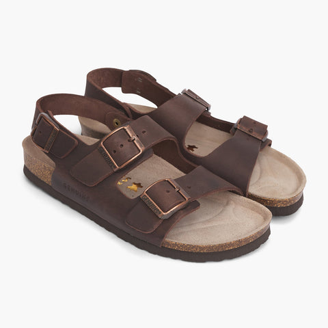 Brown leather sandals with two foot straps and ankle strap