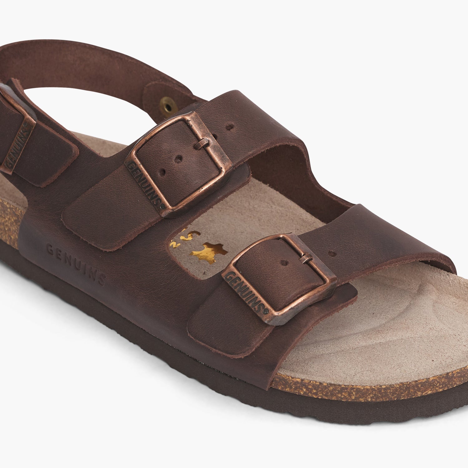 Brown leather sandal with two foot straps and ankle strap