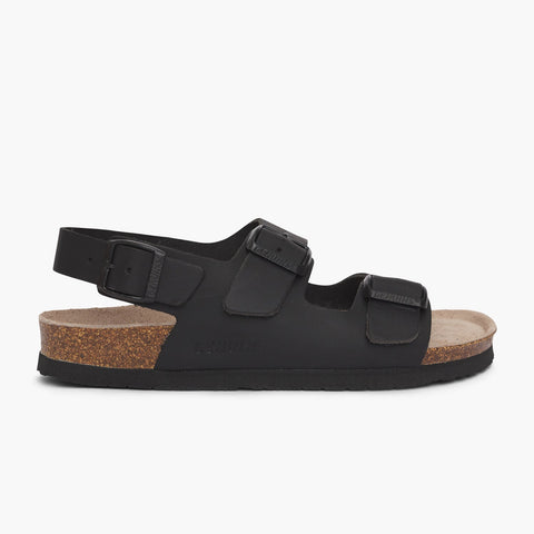 Black leather sandal with two foot straps and ankle strap