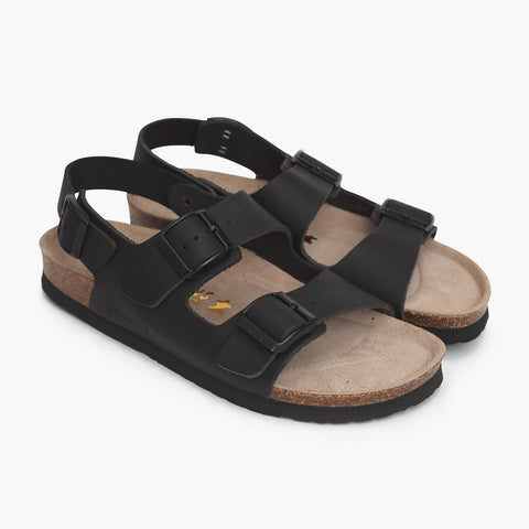 Black leather sandals with two foot straps and ankle strap