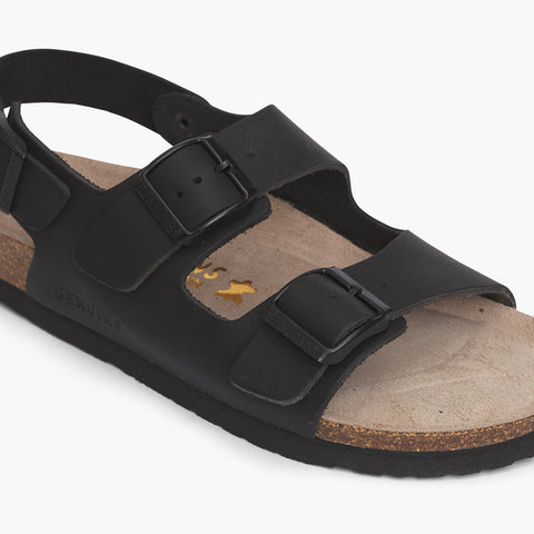 Black leather sandal with two foot straps and ankle strap