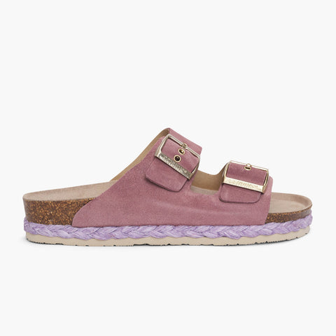 Mauve velour leather sandal with double foot straps and braided sole detail