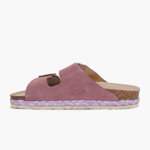 Mauve velour leather sandal with double foot straps and braided sole detail