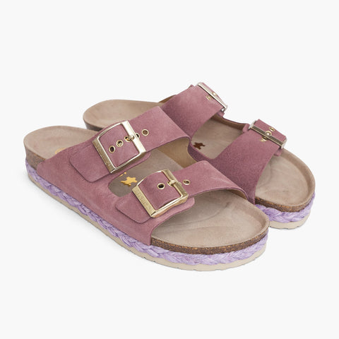 Mauve velour leather sandals with double foot straps and braided sole detail