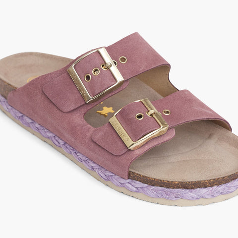 Mauve velour leather sandal with double foot straps and braided sole detail