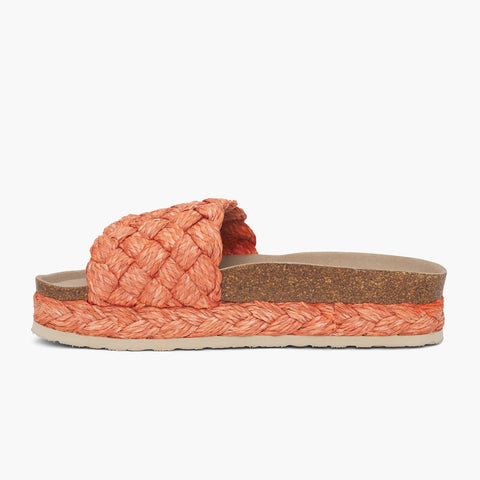 Orange raffia platform sandal with single foot strap and braided sole detail