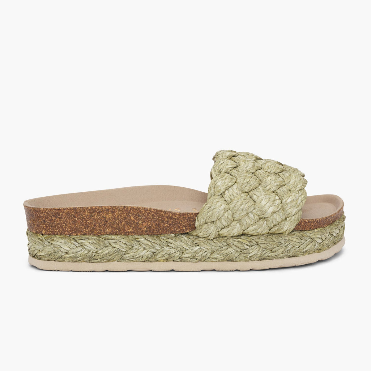 Green raffia platform sandal with single foot strap and braided sole detail