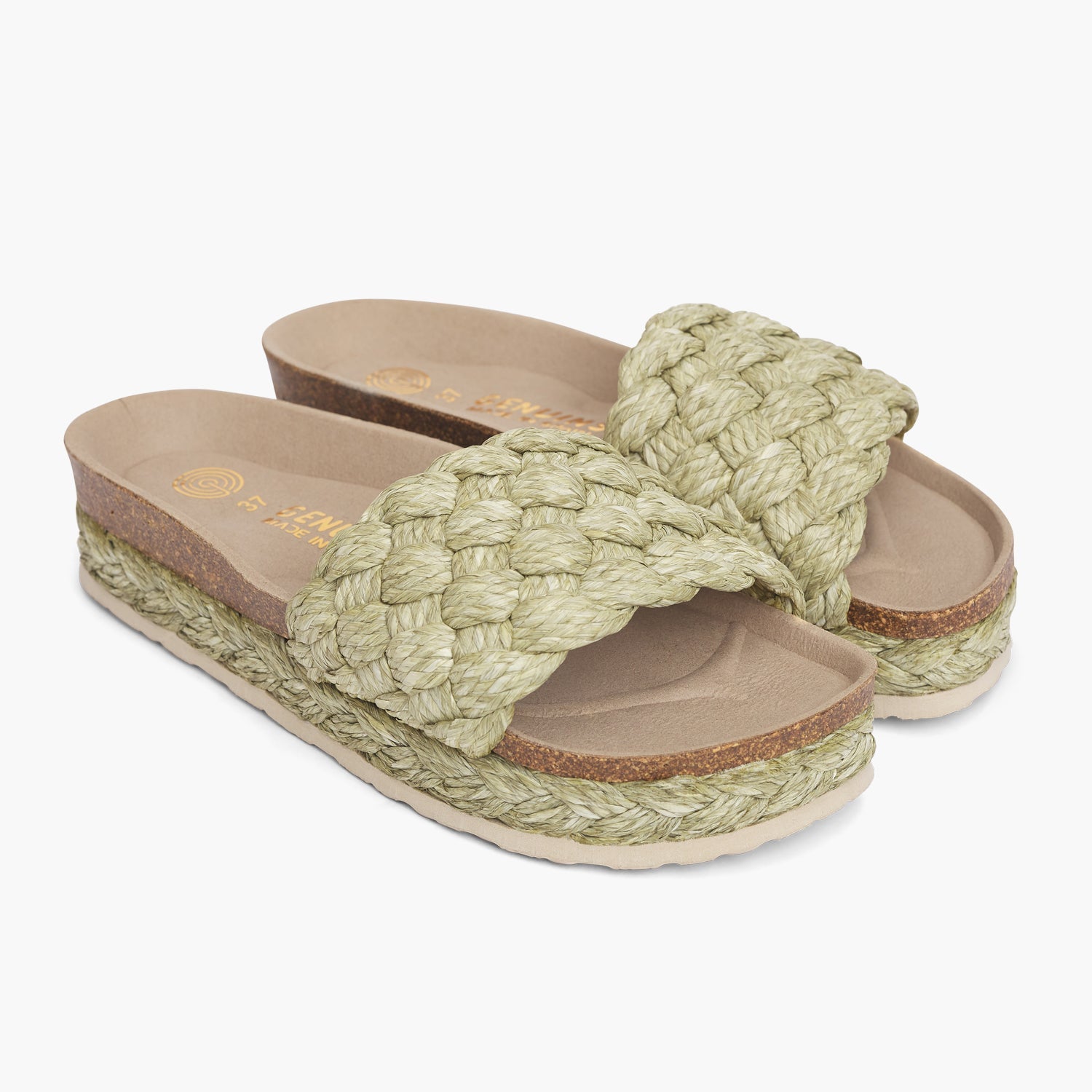 Green raffia platform sandals with single foot strap and braided sole detail