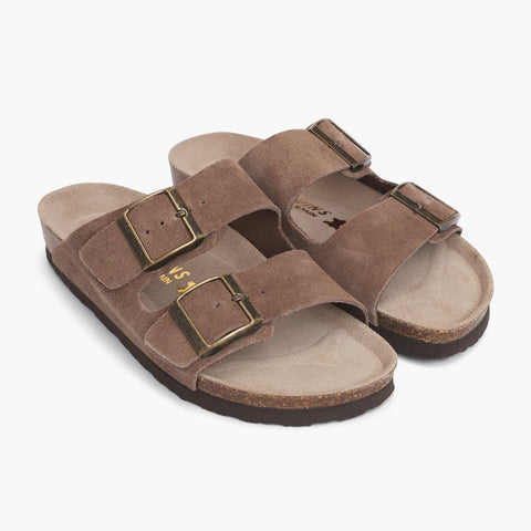 Taupe velour leather sandals with double foot straps