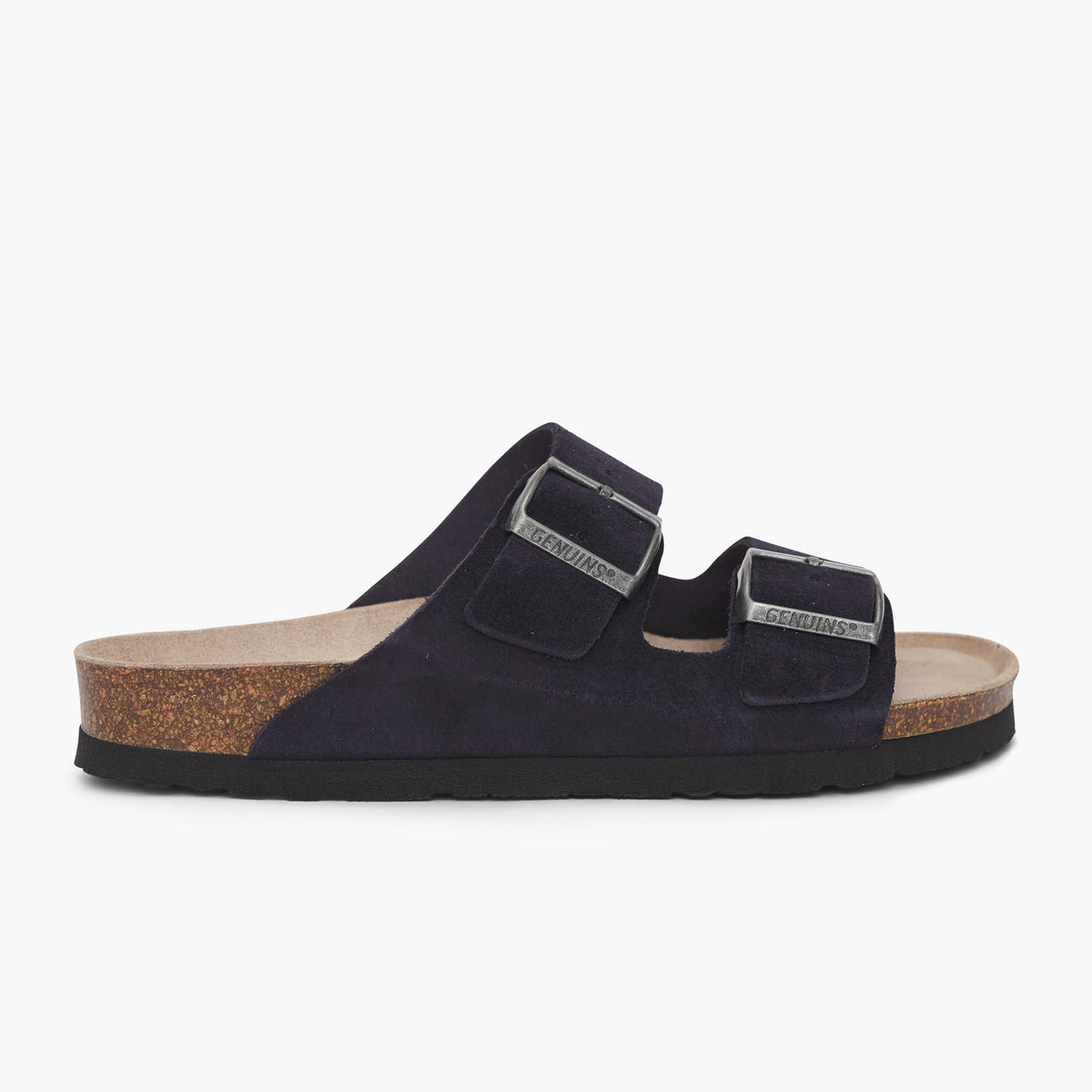 Navy velour leather sandal with double foot straps