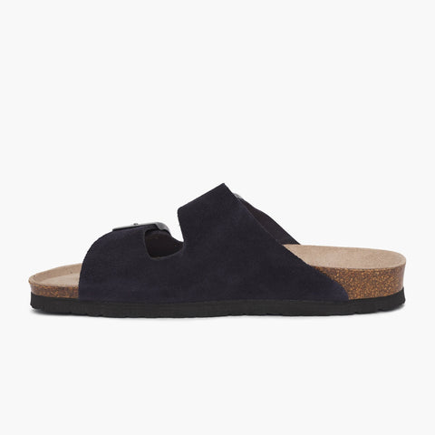 Navy velour leather sandal with double foot straps