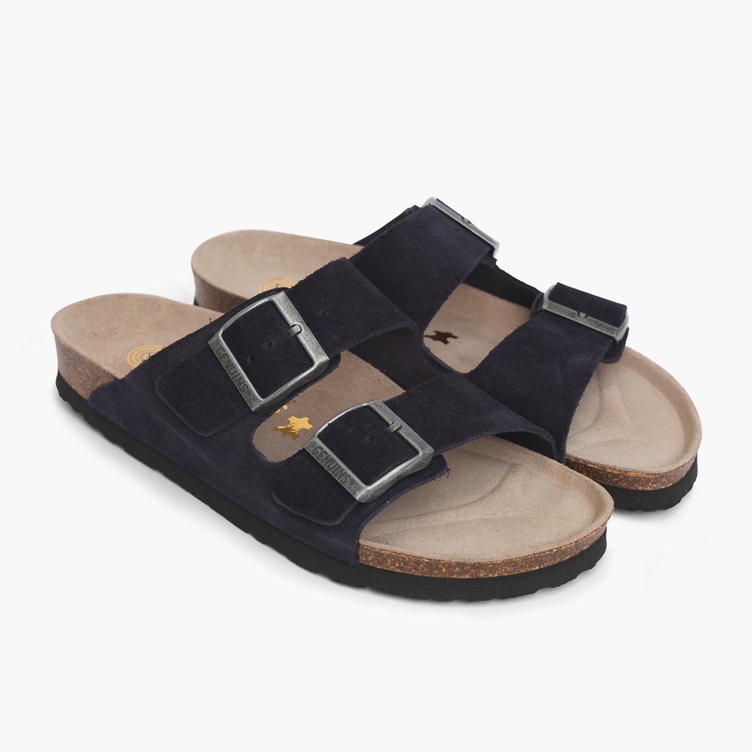 Navy velour leather sandals with double foot straps