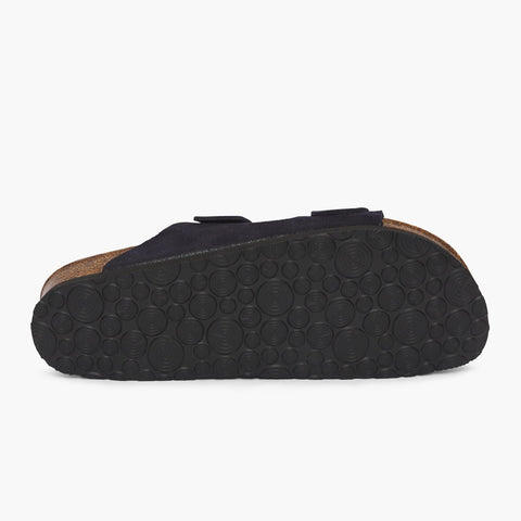 Sole of navy velour leather sandal with double foot straps