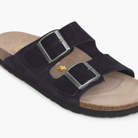 Navy velour leather sandal with double foot straps