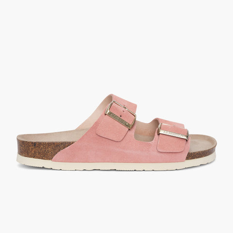 Pink velour leather sandal with double foot straps