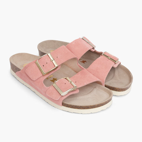 Pink velour leather sandals with double foot straps