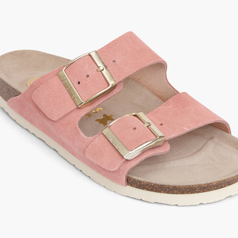 Pink velour leather sandal with double foot straps