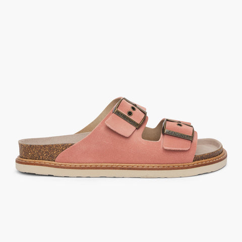 Pink velour leather sandal with two foot straps and welted sole