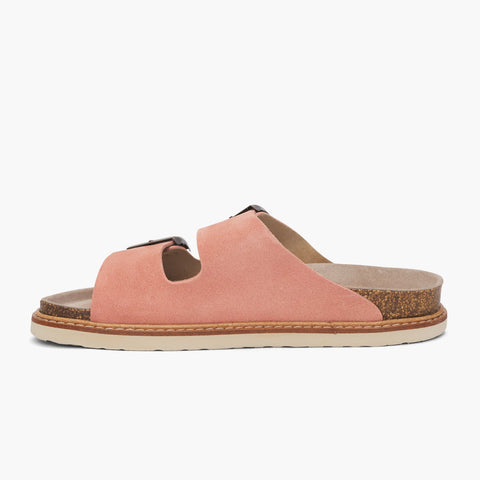 Pink velour leather sandal with two foot straps and welted sole