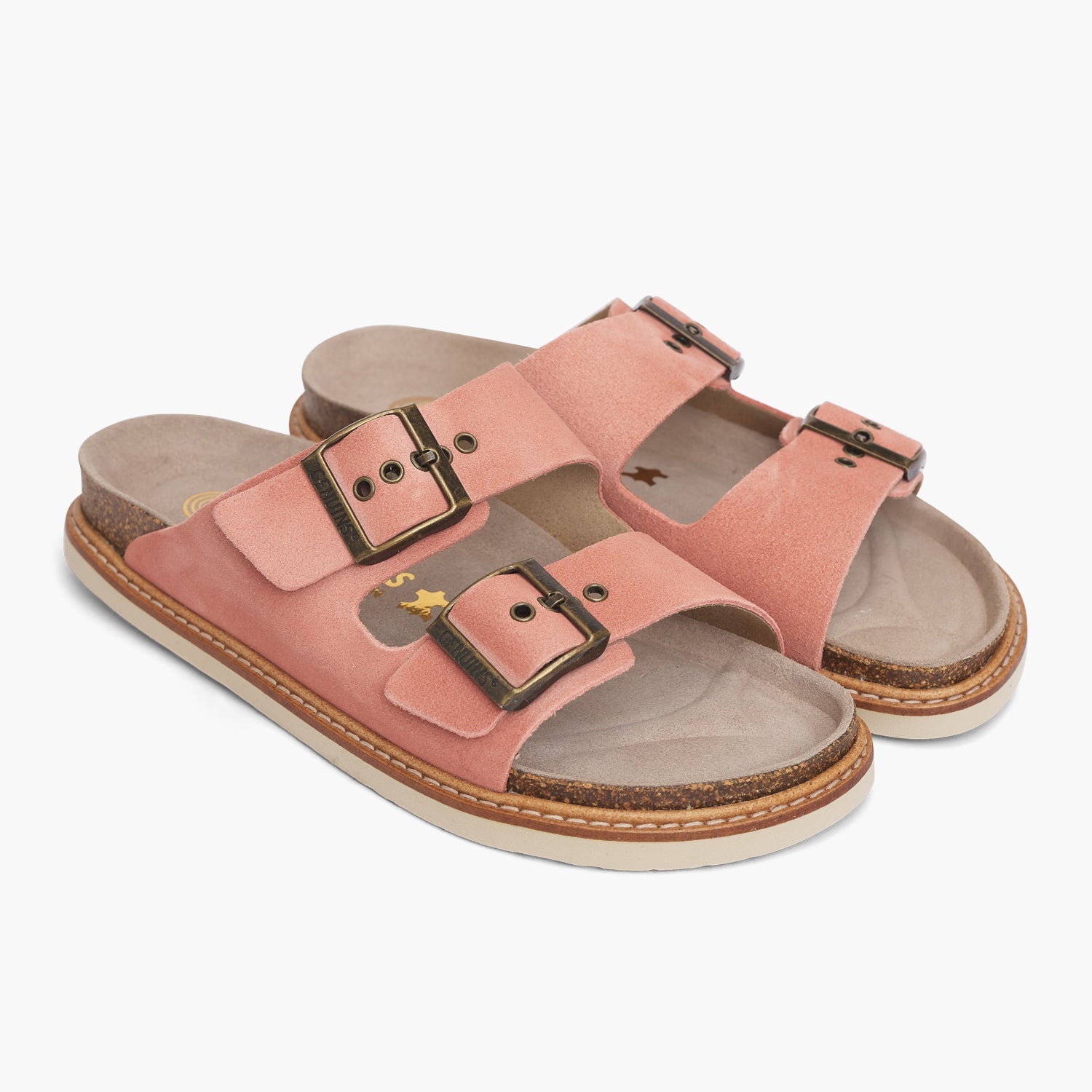 Pink velour leather sandals with two foot straps and welted sole