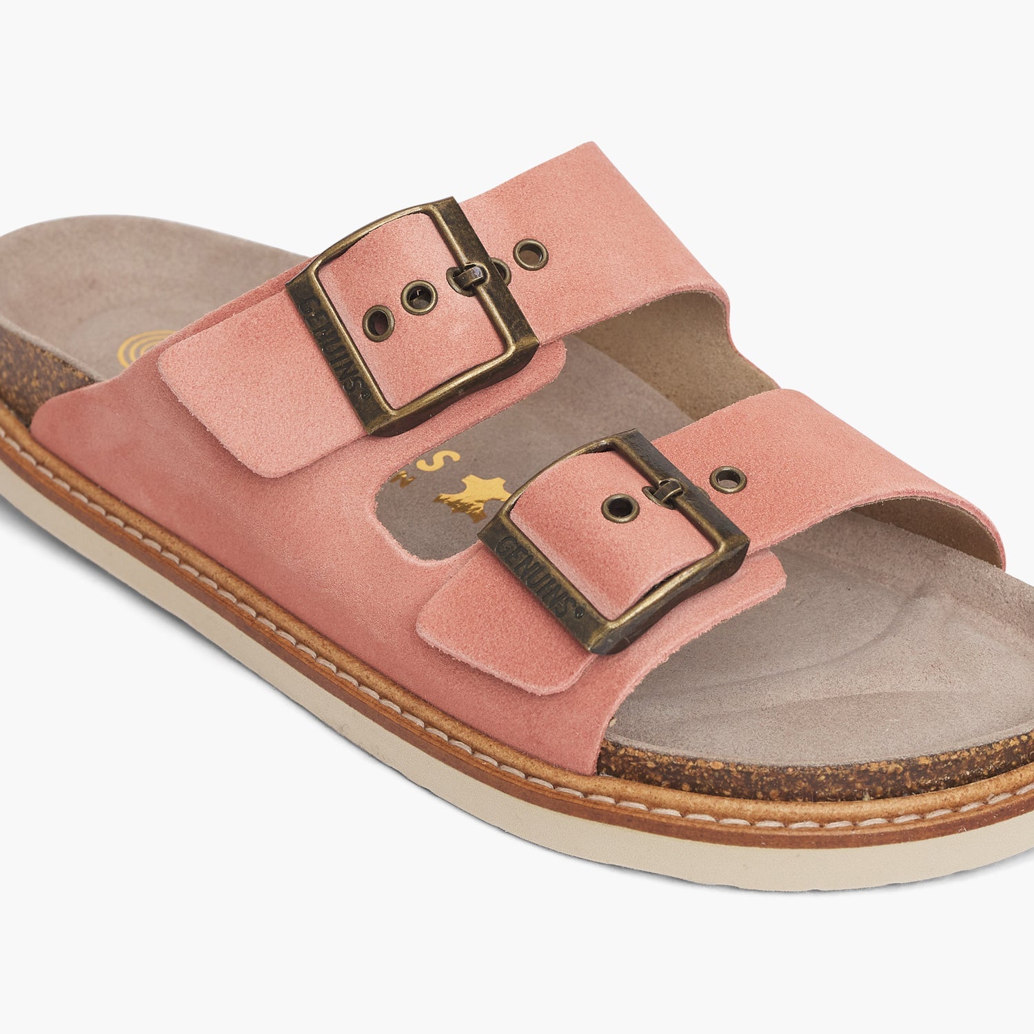 Pink velour leather sandal with two foot straps and welted sole