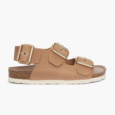 Beige leather sandal with two foot straps and ankle strap