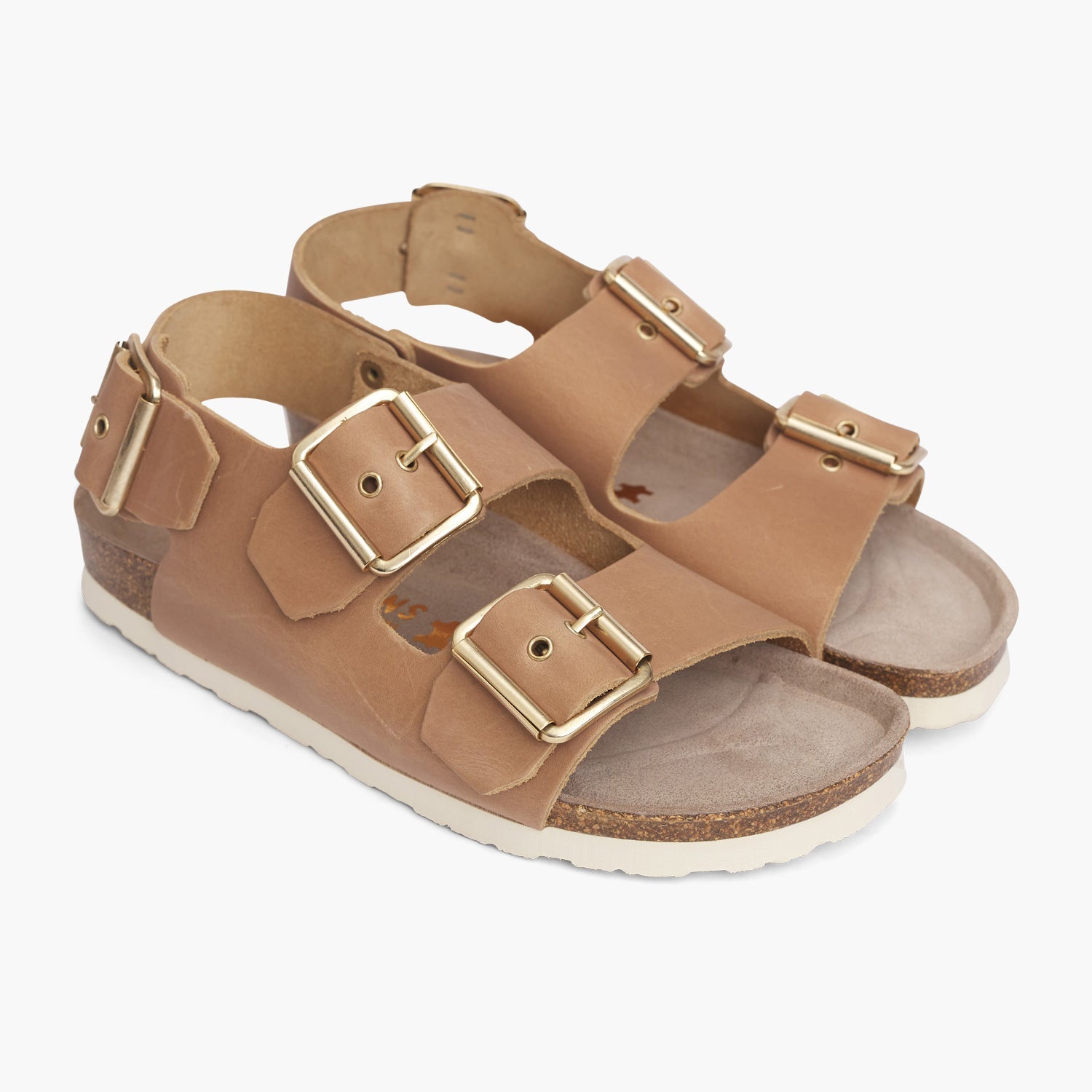 Beige leather sandals with two foot straps and ankle strap