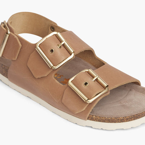 Beige leather sandal with two foot straps and ankle strap