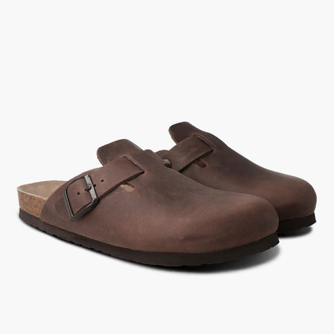 Brown leather clogs