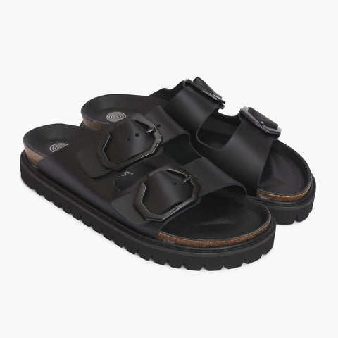 Black leather sandals with two foot straps and chunky sole