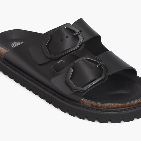 Black leather sandal with two foot straps and chunky sole