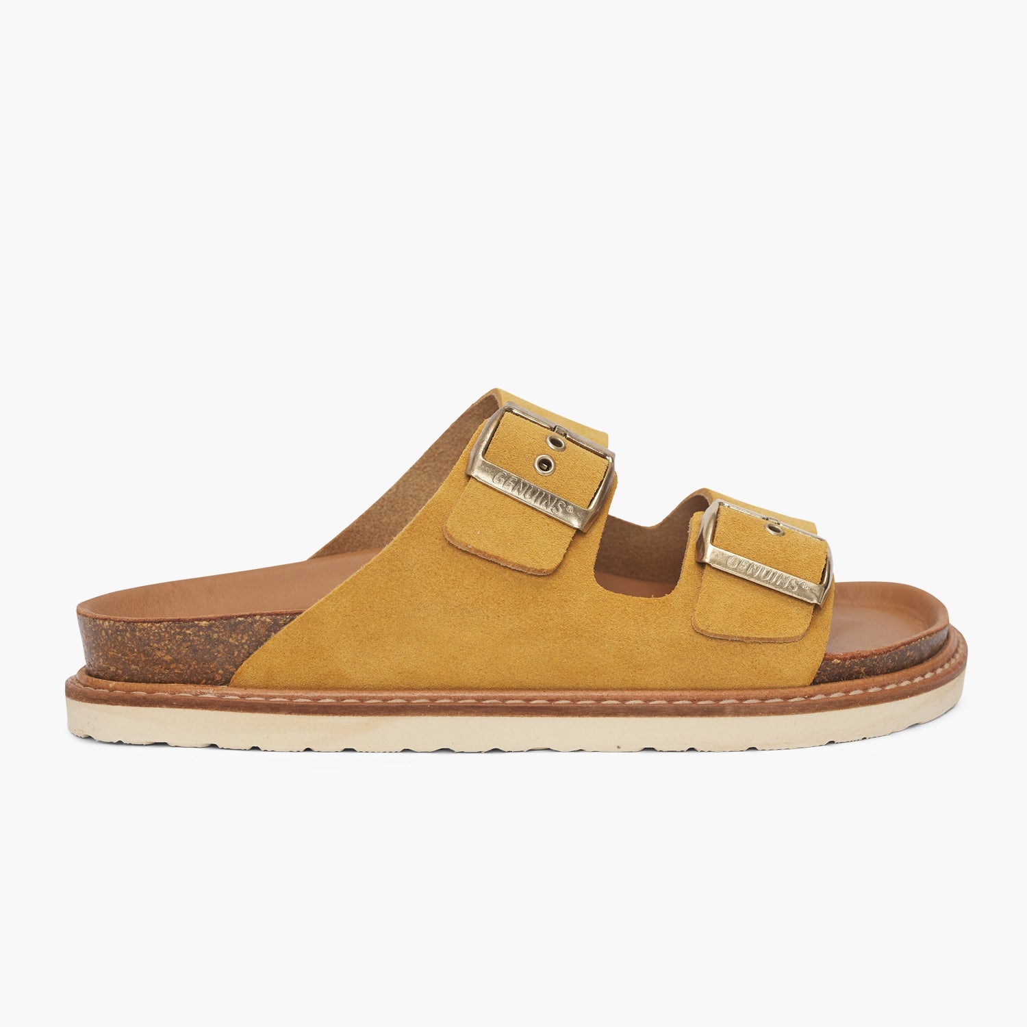 Mustard velour leather sandal with double foot straps and welted sole