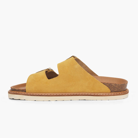 Mustard velour leather sandal with double foot straps and welted sole