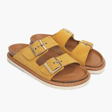 Mustard velour leather sandals with double foot straps and welted sole