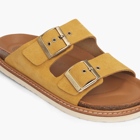 Mustard velour leather sandal with double foot straps and welted sole