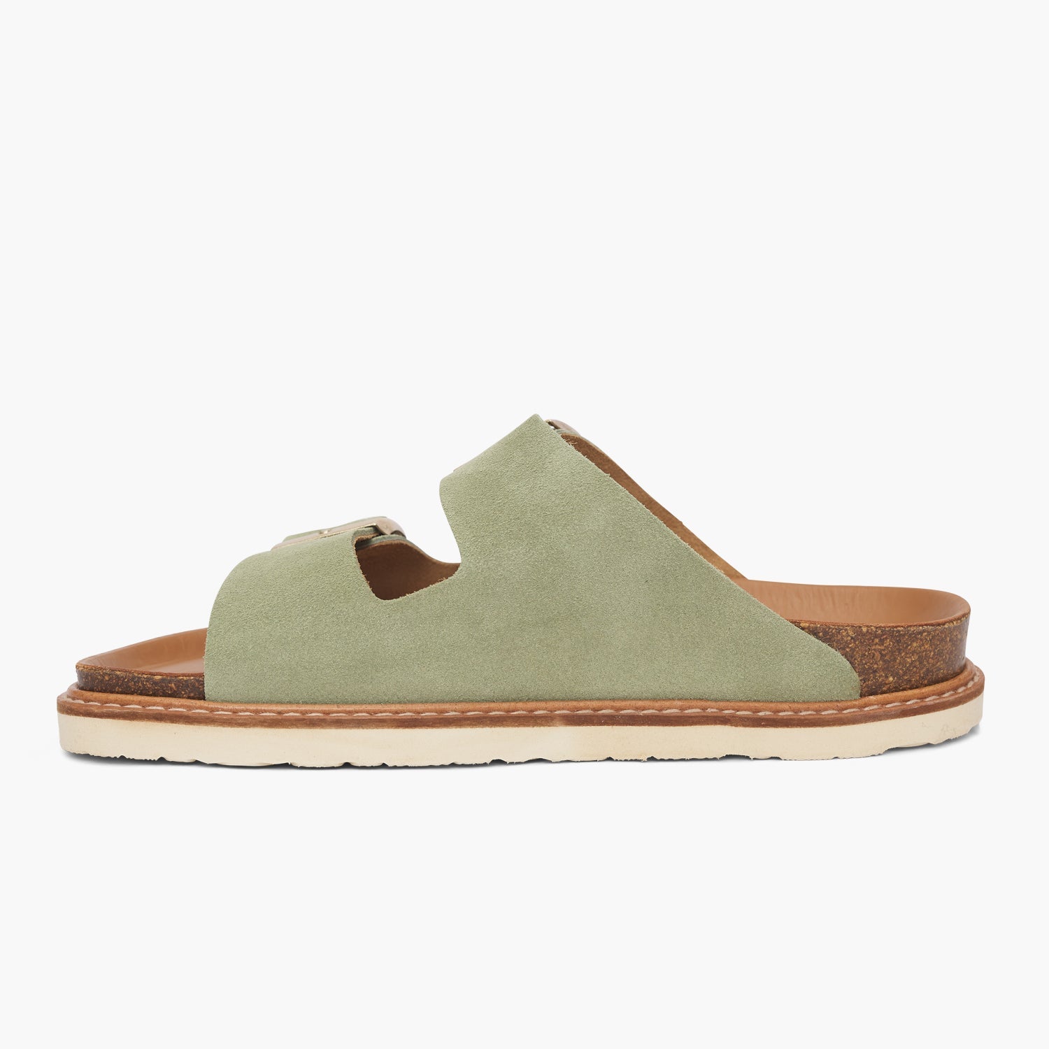 Green velour leather sandal with double foot straps and welted sole