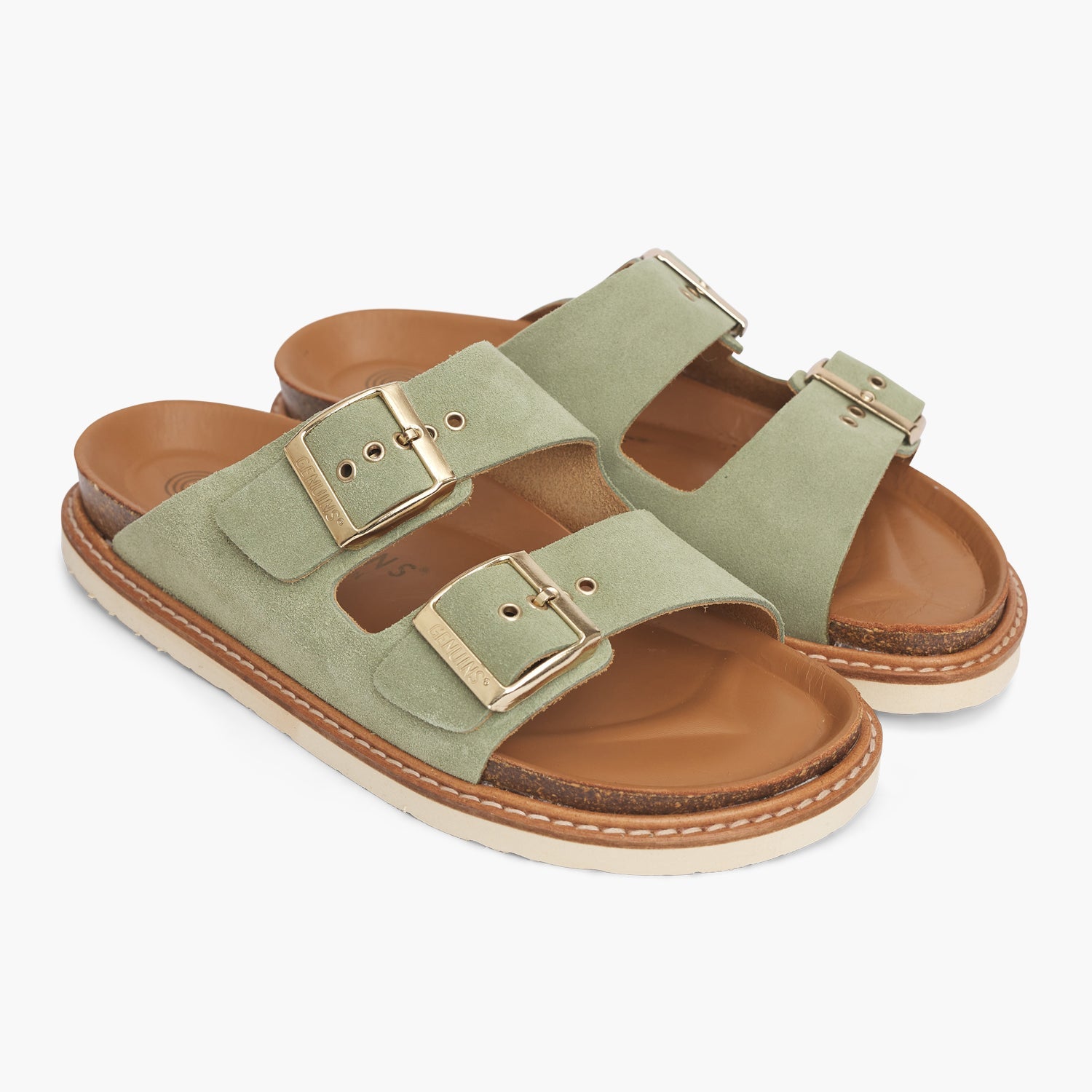 Green velour leather sandals with double foot straps and welted sole