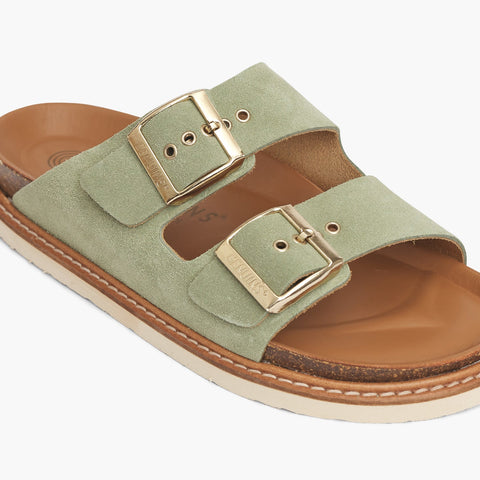 Green velour leather sandal with double foot straps and welted sole