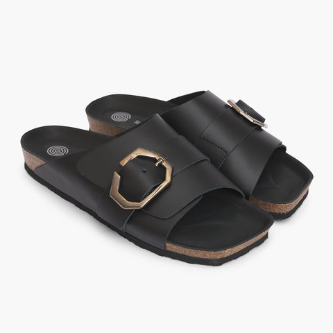 Black single strap leather sandals