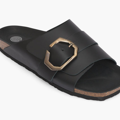 Black single strap leather sandal