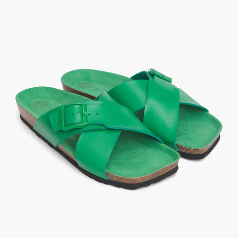 Green vegan leather cross strap sandals