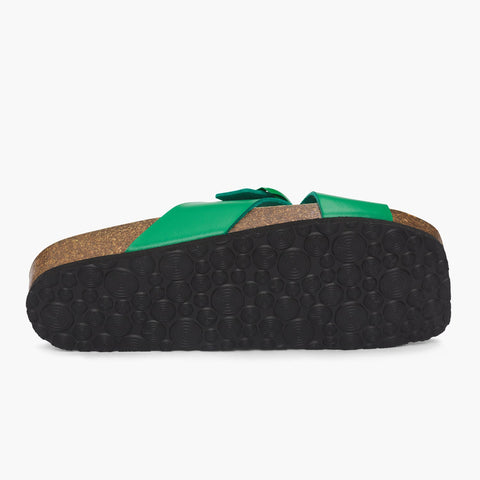 Green vegan leather cross strap sandal sole